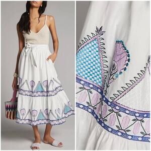 Anthropologie Magda Tiered Embroidered Midi Skirt Pockets Size Medium